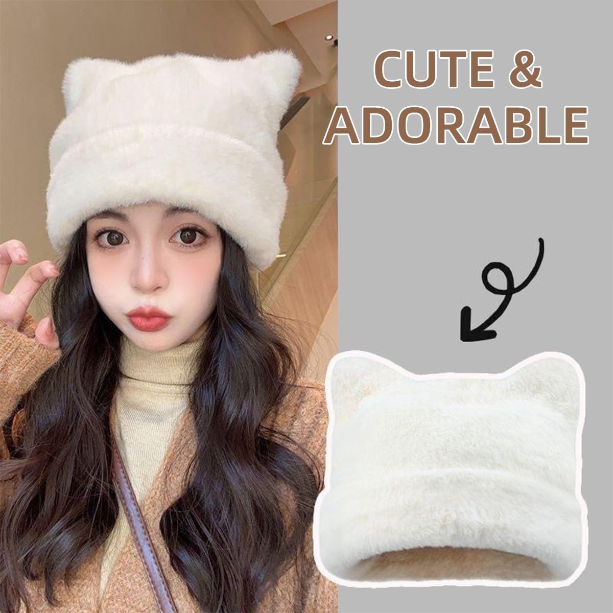 Womens Winter Beanie Hat Cute Cat/Bear Ear Hat for Women, Large Size Warm Plush Hat, Ears with Support - DIY Shapes