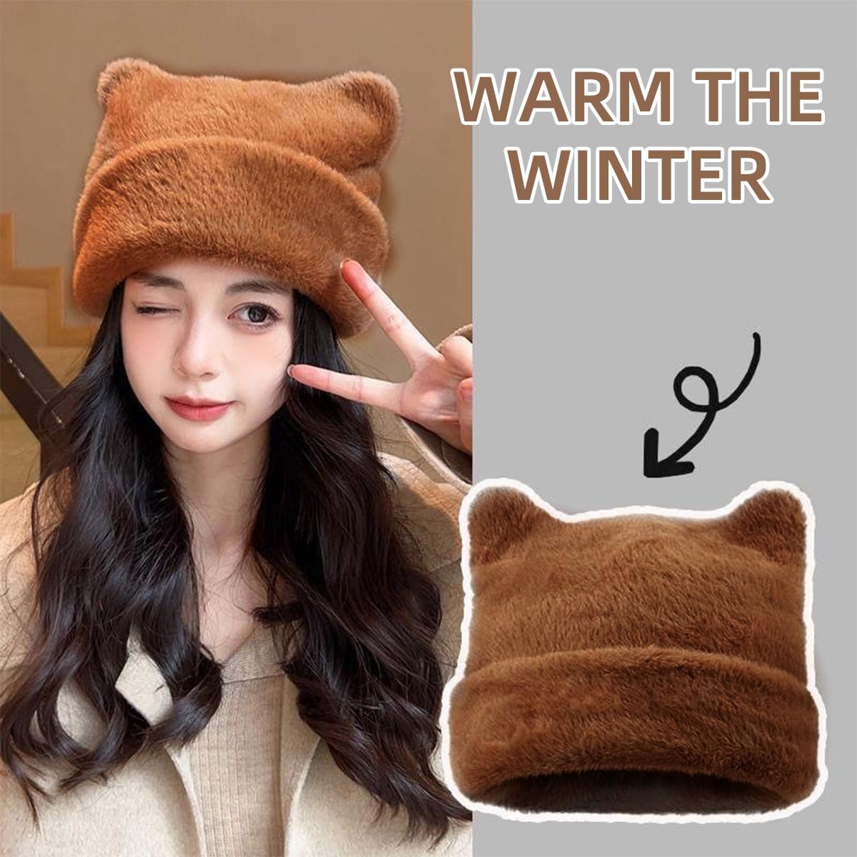 Womens Winter Beanie Hat Cute Cat/Bear Ear Hat for Women, Large Size Warm Plush Hat, Ears with Support - DIY Shapes