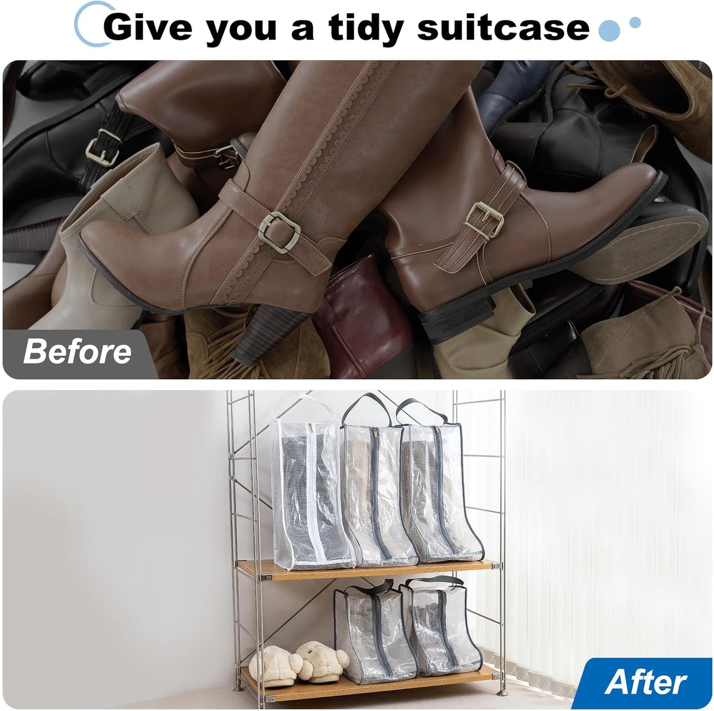 2Pack Boot Storage Bag Portable, PVC Shoe Storage Bag with Zipper Clear Boots Cover Protector Bag for Short Boots and Short Boots Storage Travel and Daily Use, Black Tall