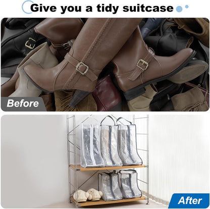 2Pack Boot Storage Bag Portable, PVC Shoe Storage Bag with Zipper Clear Boots Cover Protector Bag for Short Boots and Short Boots Storage Travel and Daily Use, Black Tall