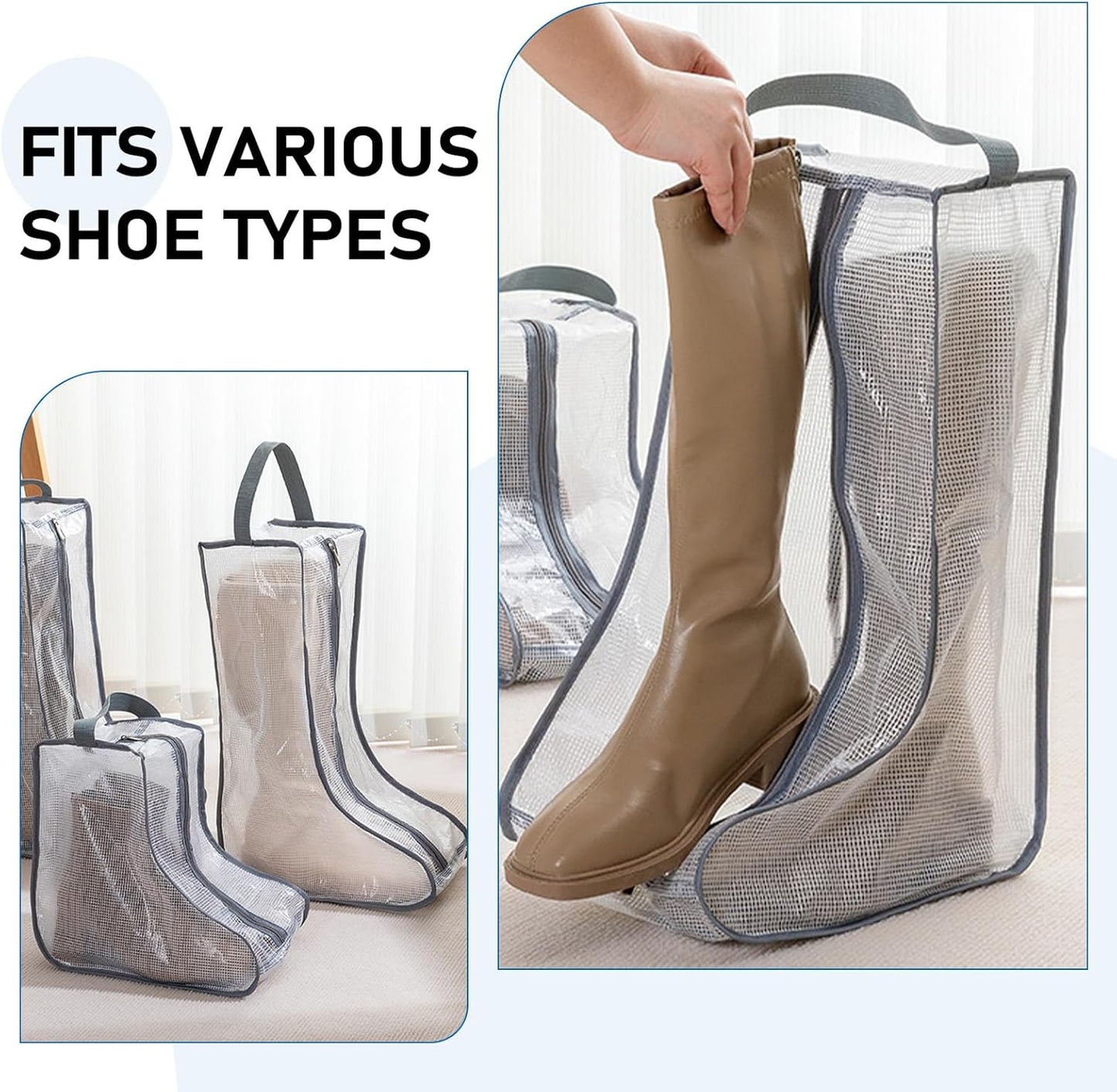 2Pack Boot Storage Bag Portable, PVC Shoe Storage Bag with Zipper Clear Boots Cover Protector Bag for Short Boots and Short Boots Storage Travel and Daily Use, Black Tall