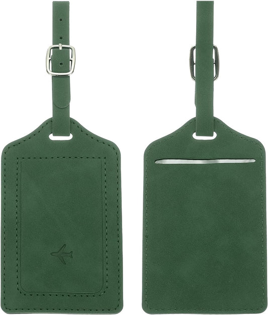 2 Pcs Suitcase Tags, Green Leather Luggage Name Tags Travel Accessories Airplane Travel Essentials for Flying Hotel Check in Luggage Bags Men Women, 4.72 x 2.76 x 0.08
