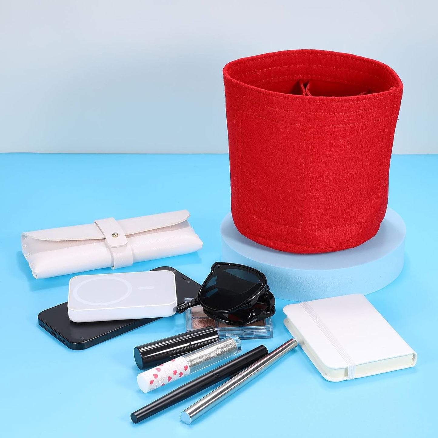 Purse Organizer Insert, Portable Felt Organizer Bags Round Multiple Compartments Purse Liner for Bucket Bag, Domed Satchel, Tote Bag, Handbag Shaper (6" x 6", Red)
