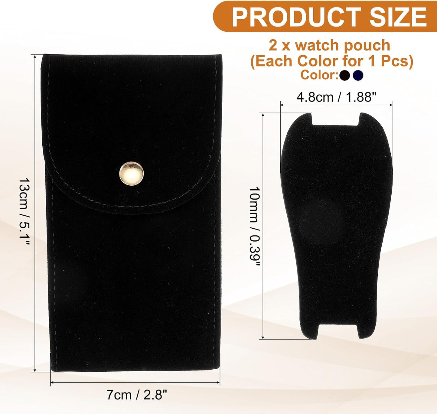 2 Pcs Velvet Watch Pouch, Portable Watch Travel Case Soft Watch Storage Bag with Snap Button Concave Inner Pad for Men and Women Gift, Black/Blue
