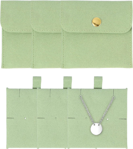 3 Pcs Microfiber Jewelry Pouches with Insert Pad, 8 x 8cm Snap Button Jewelry Velvet Gift Bags Organizer for Rings Necklace Bracelet, Light Green
