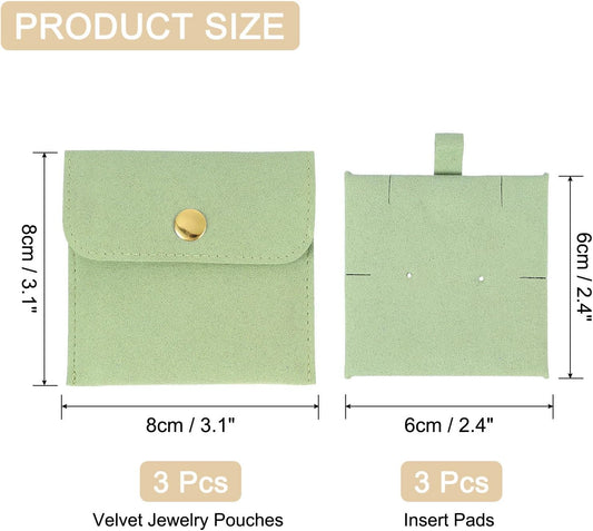 3 Pcs Microfiber Jewelry Pouches with Insert Pad, 8 x 8cm Snap Button Jewelry Velvet Gift Bags Organizer for Rings Necklace Bracelet, Light Green