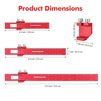 3PCS Woodworking Ruler Set, Precision Pocket Ruler with Adjustable Slide Stop, Aluminum Alloy Measuring Tool for Marking & Scribing, Metal T-Track Square Rulers, Inch and Metric (6", 8", 12")