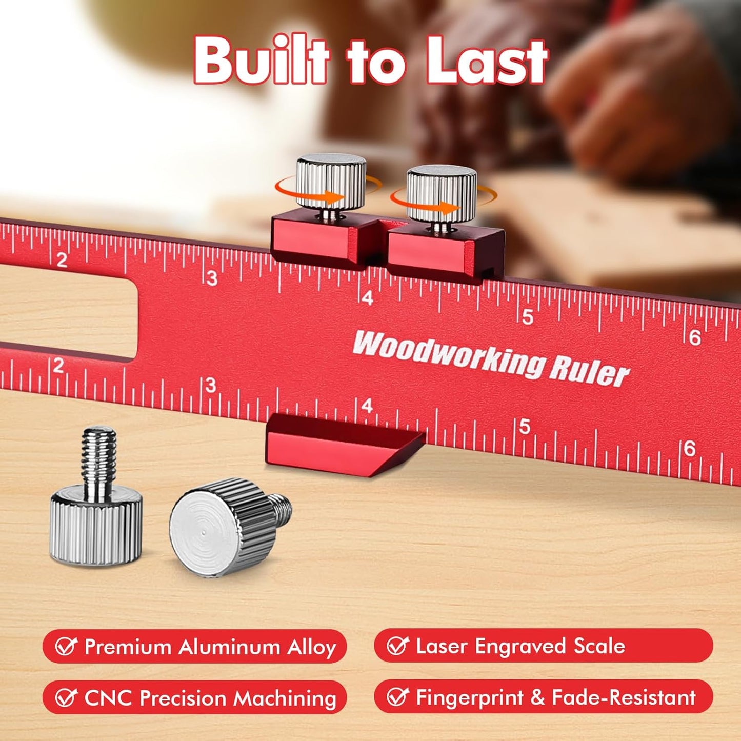 3PCS Woodworking Ruler Set, Precision Pocket Ruler with Adjustable Slide Stop, Aluminum Alloy Measuring Tool for Marking & Scribing, Metal T-Track Square Rulers, Inch and Metric (6", 8", 12")