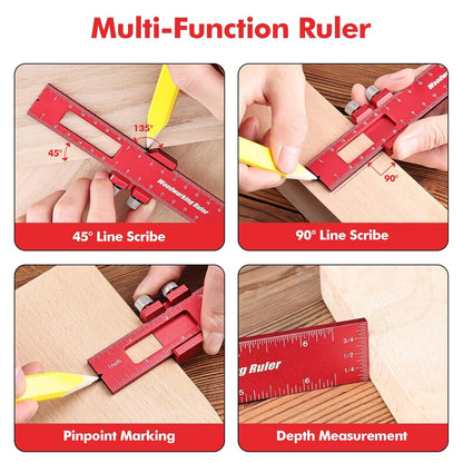 3PCS Woodworking Ruler Set, Precision Pocket Ruler with Adjustable Slide Stop, Aluminum Alloy Measuring Tool for Marking & Scribing, Metal T-Track Square Rulers, Inch and Metric (6", 8", 12")