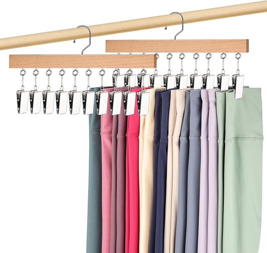 2 Pack Legging Hangers for Closet, Wooden Legging Hanger for Closet Organizer with 20 Upgraded Clips Holds 20 Leggings, 360° Rotatable Space Saving Yoga Pants Hanger for Socks, Shorts, Natural