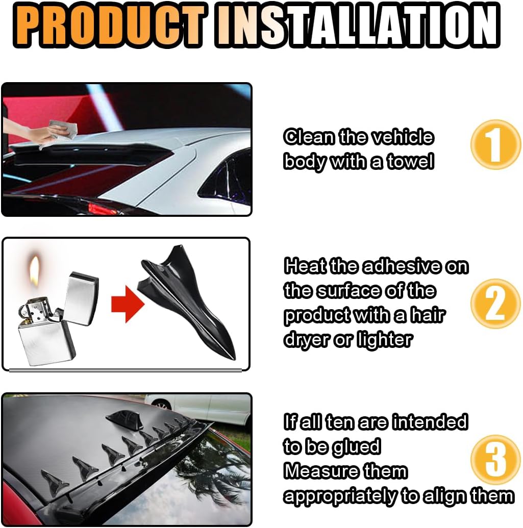 10PCS Car Diffuser Shark Fin Kit, Auto Air Vortex Generator Decoration Self-Adhesive Compatible with Spoiler Roof Wing Pointed, Bumper Exterior Accessories for SUV, Car (Black)