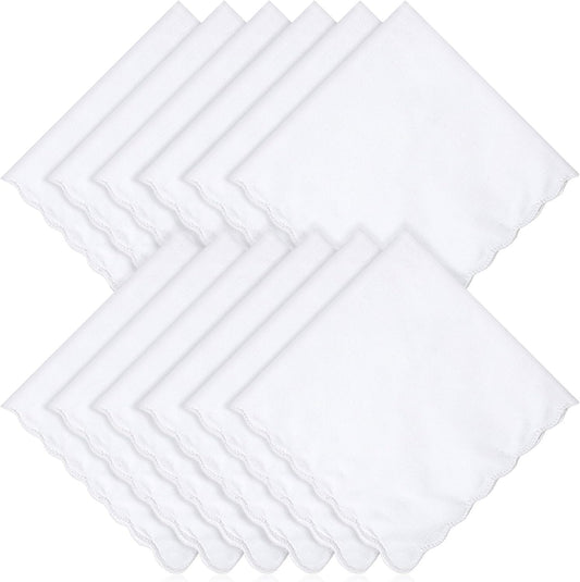 12 Pcs White Handkerchiefs for Women, Premium Polyester Soft Scalloped Edge Ladies Handkerchiefs Hankies, Small Pocket Squares Handkerchief for Wedding Party Gift Embroidery (11 x 11 Inch)