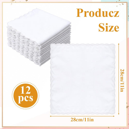 12 Pcs White Handkerchiefs for Women, Premium Polyester Soft Scalloped Edge Ladies Handkerchiefs Hankies, Small Pocket Squares Handkerchief for Wedding Party Gift Embroidery (11 x 11 Inch)