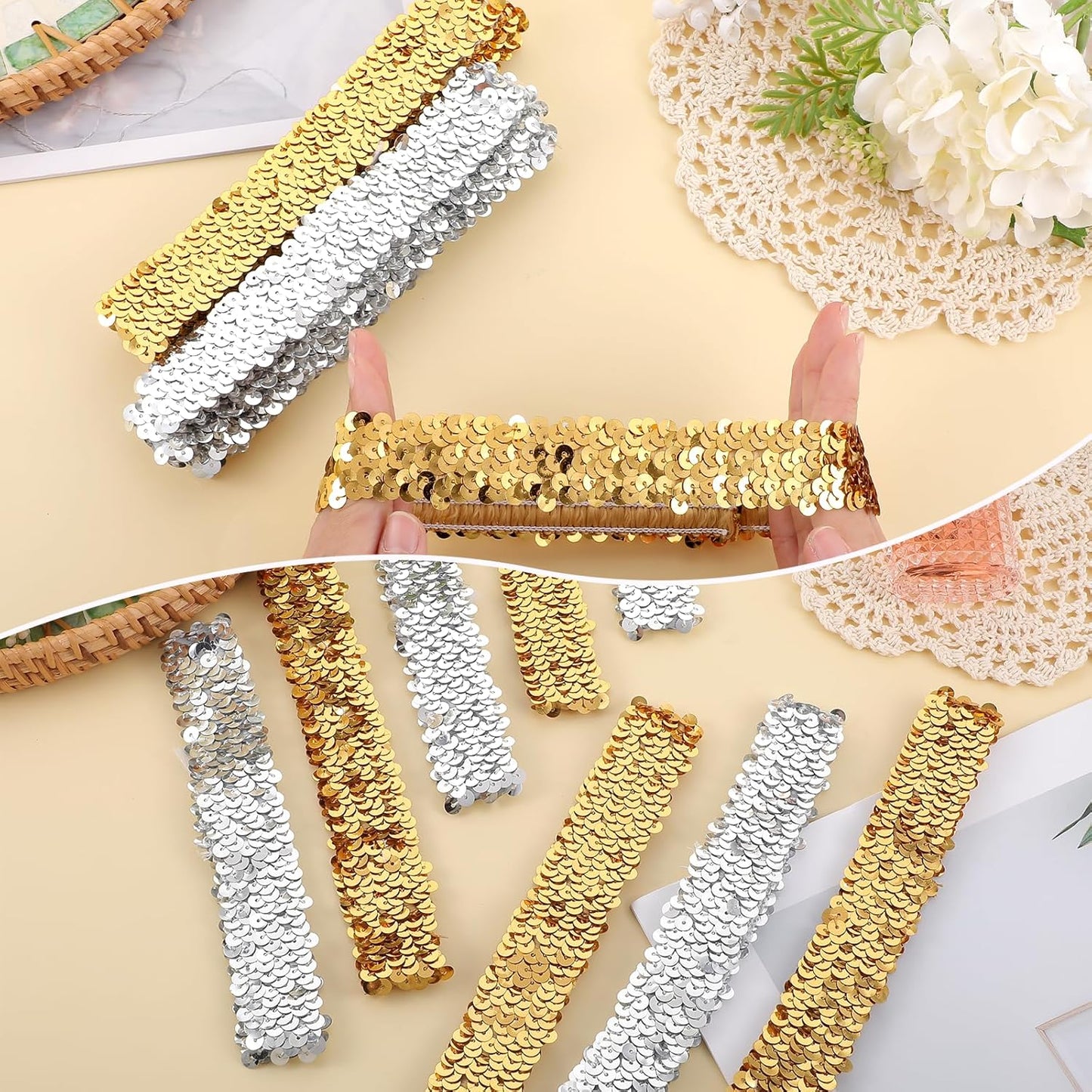 Silver Sequin Headband, 12 PCS 80s 90s Vintage Elastic Sparkle Dance Stretch Head Band Disco Hair Band Stylish Glitter Headpiece Shimmering Party Hair Accessories for Girls Women (Silver, Gold)