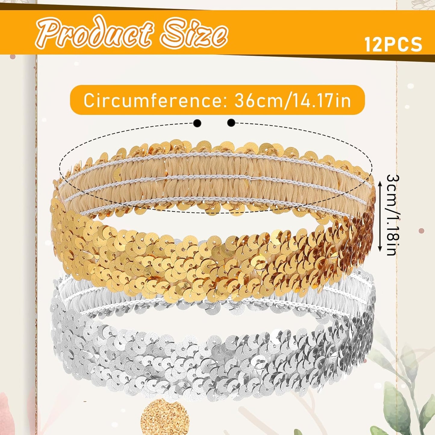 Silver Sequin Headband, 12 PCS 80s 90s Vintage Elastic Sparkle Dance Stretch Head Band Disco Hair Band Stylish Glitter Headpiece Shimmering Party Hair Accessories for Girls Women (Silver, Gold)