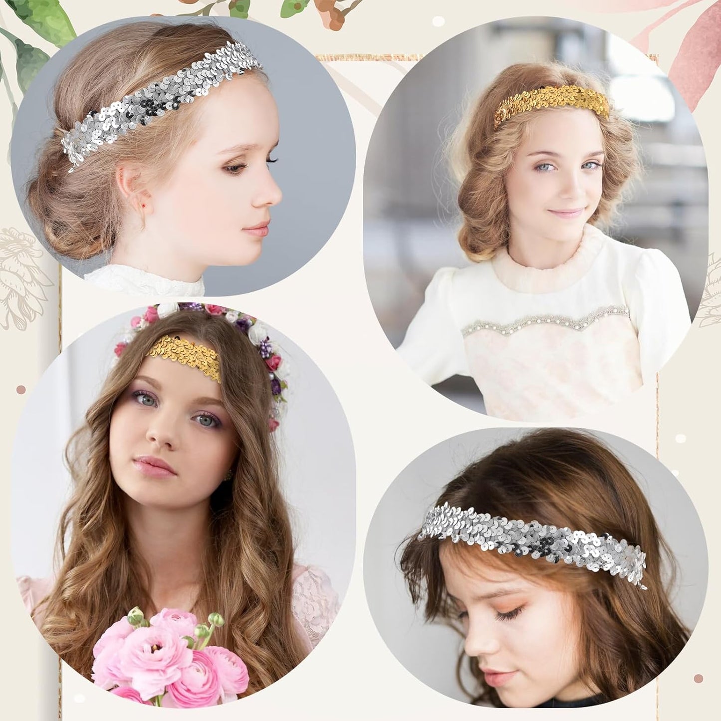 Silver Sequin Headband, 12 PCS 80s 90s Vintage Elastic Sparkle Dance Stretch Head Band Disco Hair Band Stylish Glitter Headpiece Shimmering Party Hair Accessories for Girls Women (Silver, Gold)