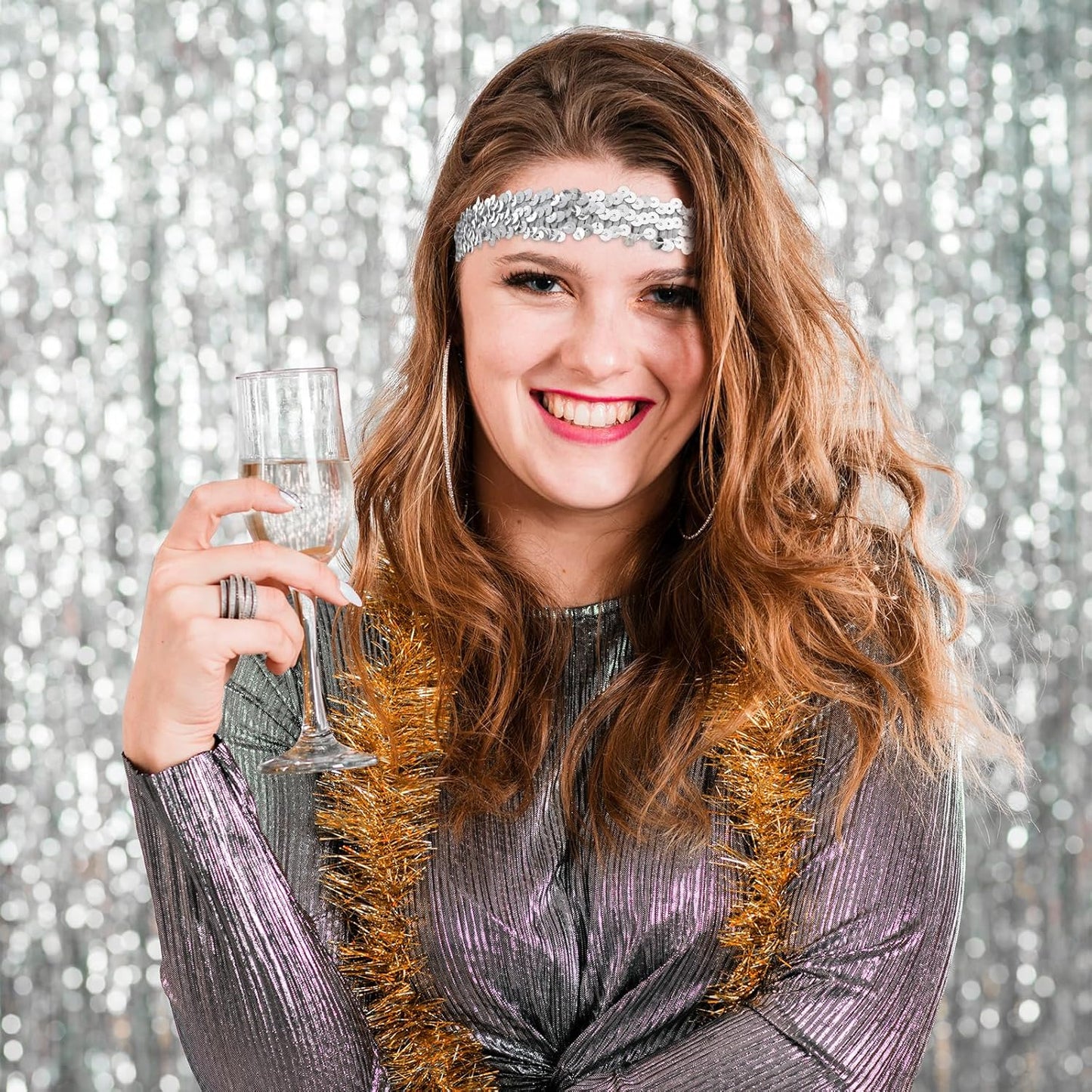 Silver Sequin Headband, 12 PCS 80s 90s Vintage Elastic Sparkle Dance Stretch Head Band Disco Hair Band Stylish Glitter Headpiece Shimmering Party Hair Accessories for Girls Women (Silver, Gold)