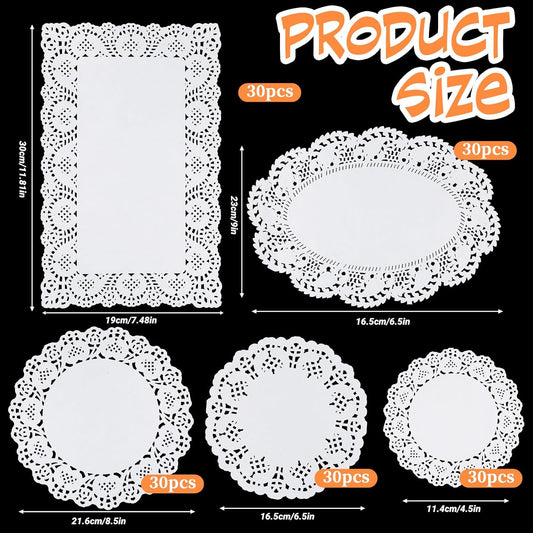 5 Sizes Paper Doilies, 150 Pcs Lace Doilies Paper Round Disposable Placemats White-Doilies for Tables Dessert Trays Party Craft Wedding Birthday Cakes Tableware Decorations