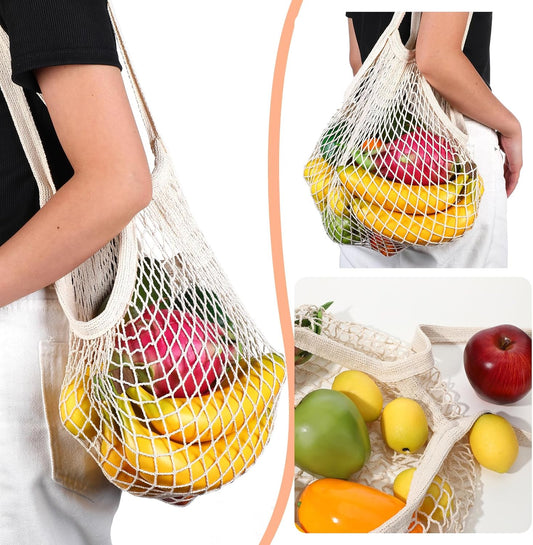 2 Pack Reusable Cotton Mesh Farmers Market Bag, Grocery Tote Net Shopping Bag, Washable Durable Portable Net String Produce Shopping Bags with Long Handle for Fruits, Vegetables, Shoppings (Beige)