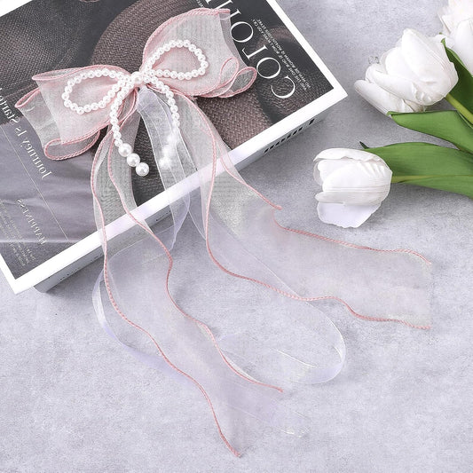 2 PCS Bow Curtain Tiebacks, Elegant Pink Bow Butterfly Curtain Tiebacks with Pearls Sweet Bowknot Holdbacks for Stylish Home Bedroom Offices Dining Rooms Wedding Party Decoration - 31.5 in(80 cm)