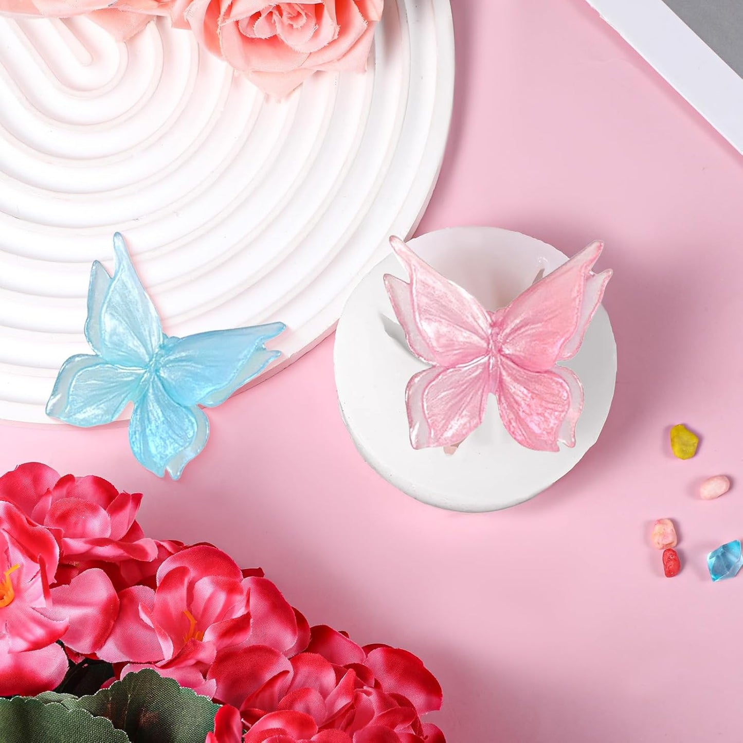 3D Flower Butterfly Silicone Molds, Butterfly Chocolate Fondant Soap Mold Double Layered Epoxy Resin Molds for Candy, DIY Scented Candles, Plaster, Cake Decorating and Crafts (White)