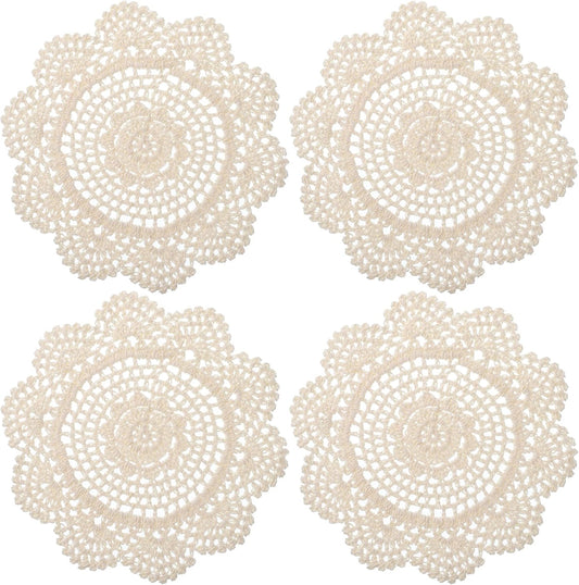 4 Pcs Cotton Lace Doilies Vintage Crochet Doilies 7.8 Inch Round Cotton Handmade Lace Cloth Fabric Placemats Doily for Tables Kitchen Dining Room Dessert Coasters Wedding Birthday Party Decoration