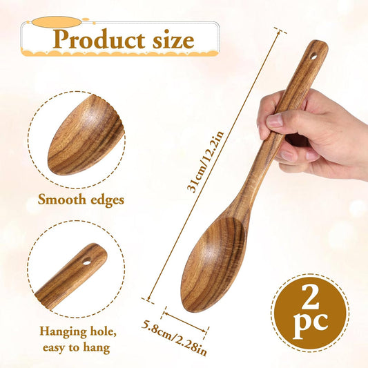 Wooden Cooking Spoons, 2 Pcs Natural Acacia Wood Serving Spoons, 12 Inch Large Mixing Spoon Wood Kitchen Utensil for Mixing, Baking, Serving and Stirring, Comfort Grip, Non-Stick Cookware Safe