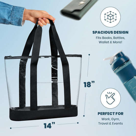 Clear Tote Bag - Zipper Closure, Long Shoulder Strap, Fabric Trimming. | Zipper Closure, Long Shoulder Strap, Fabric Trimming