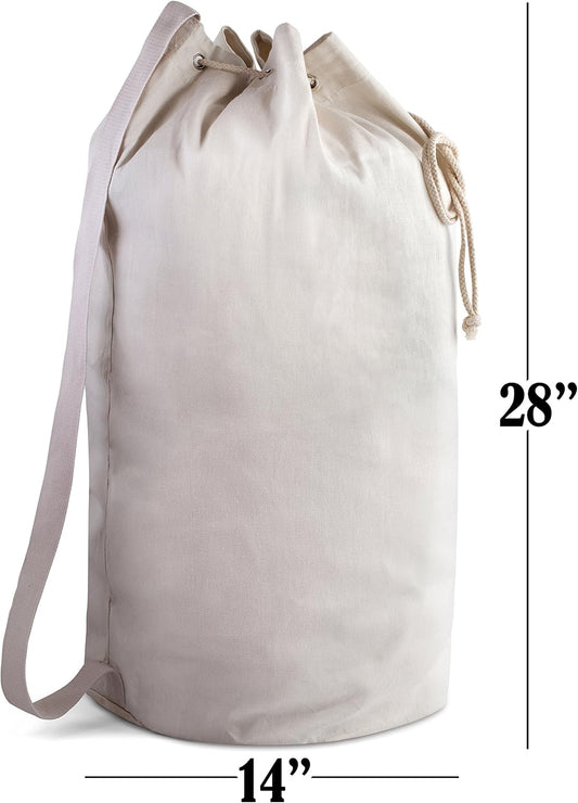 Canvas Duffel Bag - Drawstring, Leather Closure, Shoulder Strap