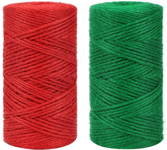 Red Green Jute Twine, 328 Feet x 2 Rolls 2mm Colored Christmas Twine String for Gift Wrapping, Holiday Decorations, Bundling, Gardening, DIY Crafts