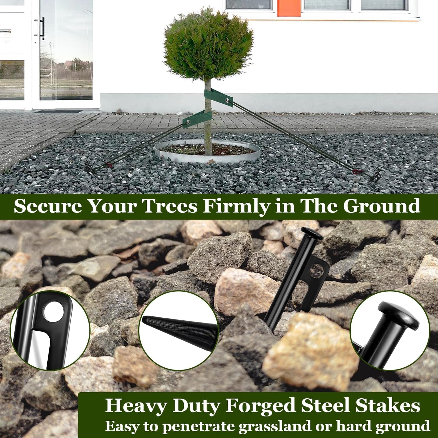 Tree Stakes and Supports, Heavy Duty Tree Stakes Kit Include 3Pcs Tree Straps for Staking, 3Pcs 12" Steel Spikes, and 39Ft Rope, Tree Supports for Young Tree Anti Strong Wind, Bad Weather