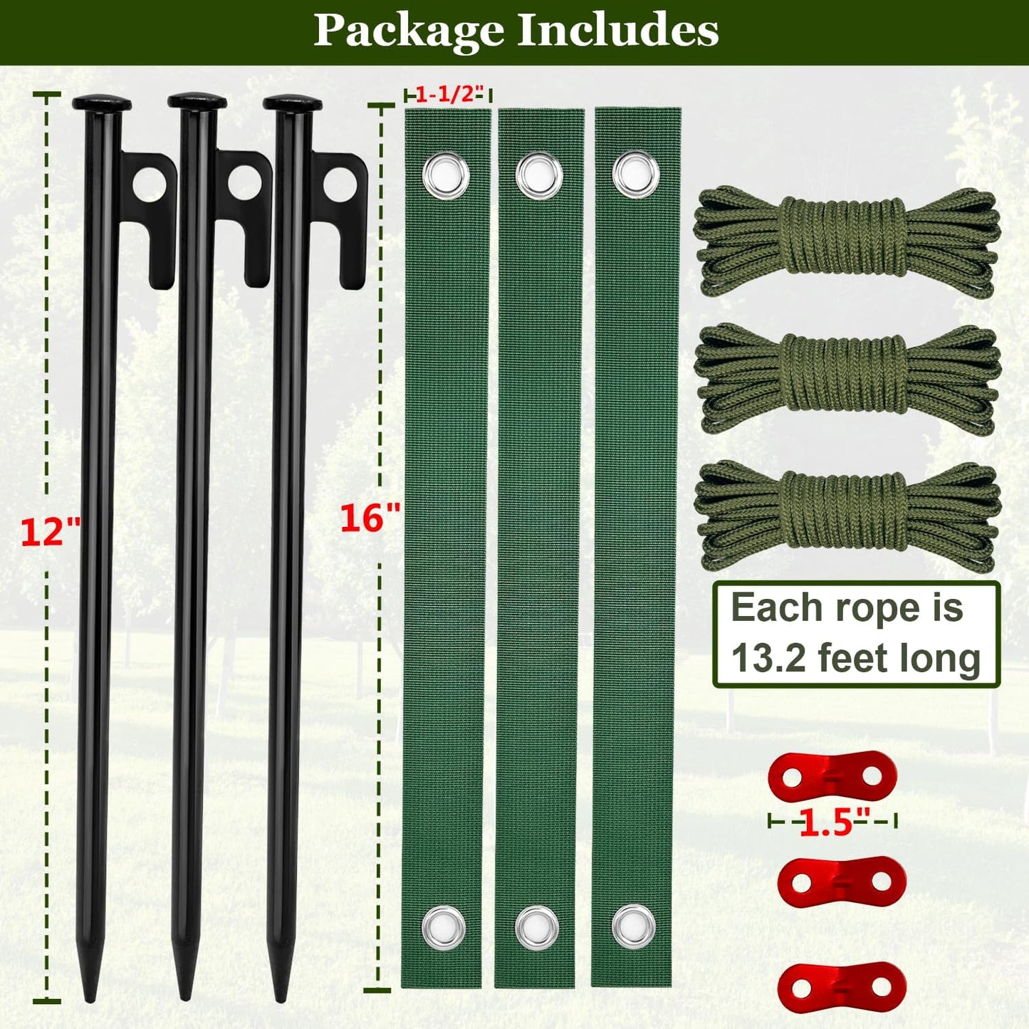 Tree Stakes and Supports, Heavy Duty Tree Stakes Kit Include 3Pcs Tree Straps for Staking, 3Pcs 12" Steel Spikes, and 39Ft Rope, Tree Supports for Young Tree Anti Strong Wind, Bad Weather