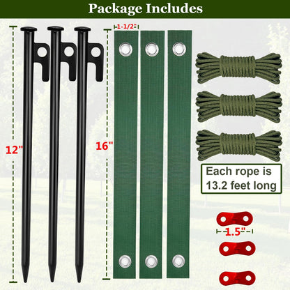Tree Stakes and Supports, Heavy Duty Tree Stakes Kit Include 3Pcs Tree Straps for Staking, 3Pcs 12" Steel Spikes, and 39Ft Rope, Tree Supports for Young Tree Anti Strong Wind, Bad Weather