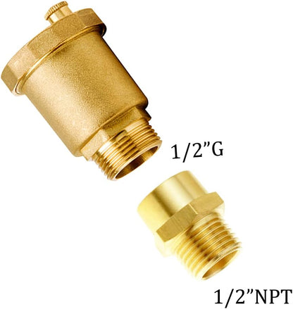 Brass Automatic Float Valve Kit 1/2"G Air Bleeder Release Vent Valve & 1/2"G Female × 1/2"NPT Male Pipe Fitting Connector Adapter