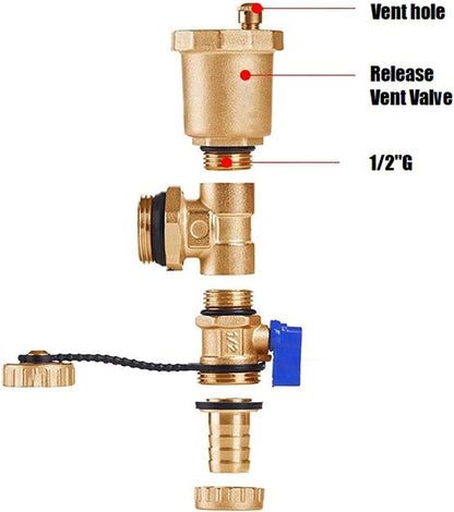 Brass Automatic Float Valve Kit 1/2"G Air Bleeder Release Vent Valve & 1/2"G Female × 1/2"NPT Male Pipe Fitting Connector Adapter