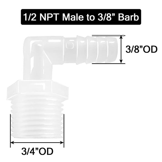 Plastic Hose Barb Fittings 90°Elbow 3/8" Hose Barb x 1/2" Male NPT Barbed Adapter Pipe Connectors Joint Splicer Mender Adapter Union (Pack of 5)