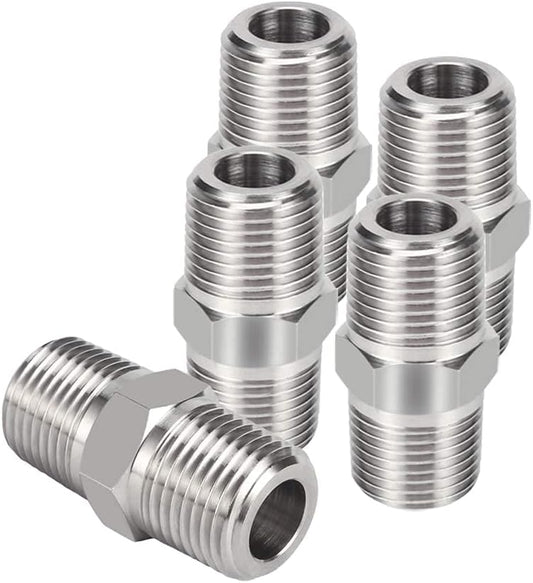 Hex Nipple 1/8"NPT Male x 1/8"NPT Male Threaded Stainless Steel 304 Threaded Nipple Pipe Fittings for Brew Kit Home Piping (Pack of 5)
