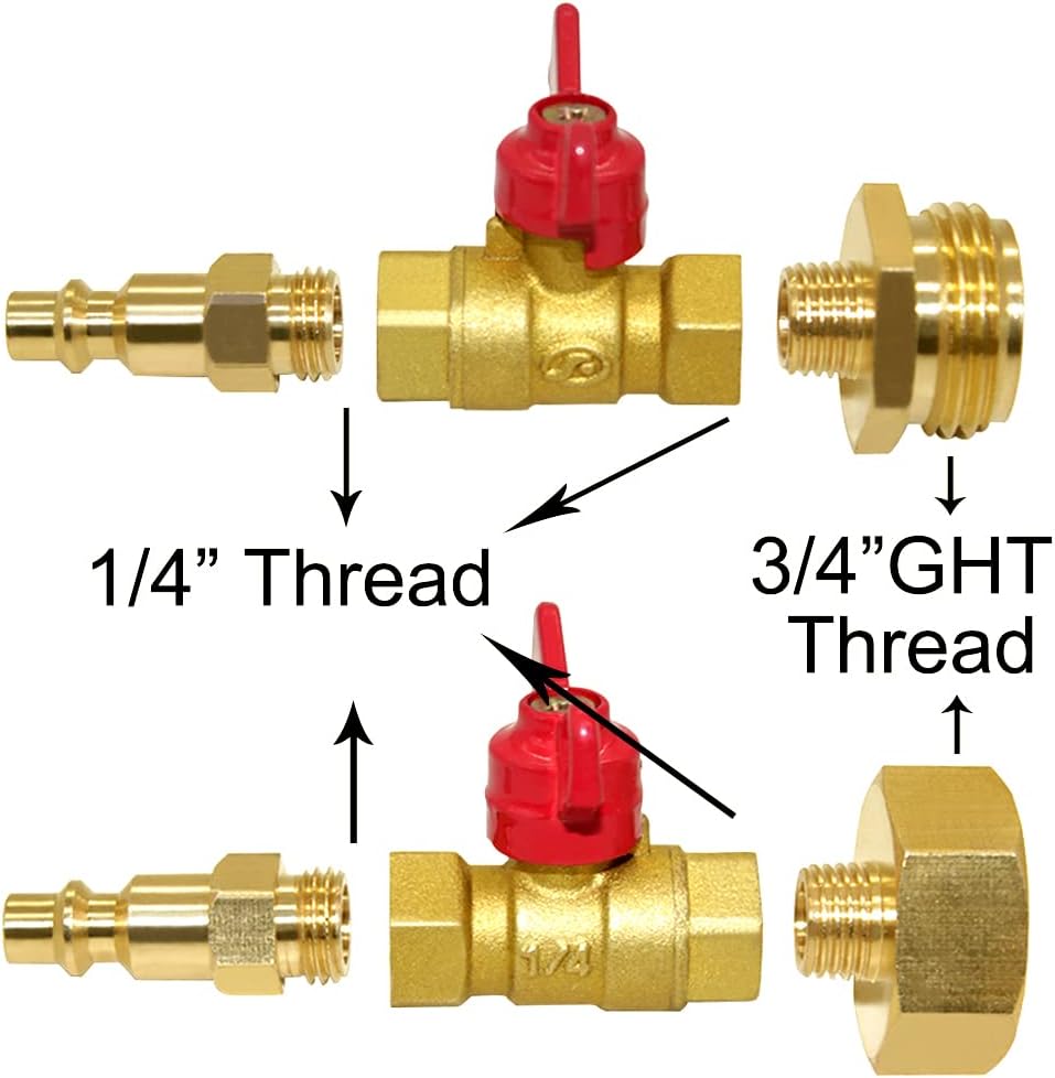Brass Winterize Blowout Adapter Kit 1/4" Male Quick Connect to 3/4" Male or Female GHT Thread with Ball Valve Fitting (Pack of 2)