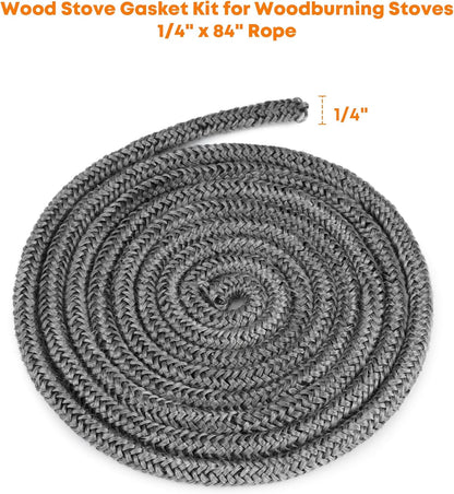 Wood Stove Gasket, 1/4" x 84" Graphite Impregnated Fiberglass Rope Seal and High-Temperature Cement Gasket Replacement for Wood Stoves Door