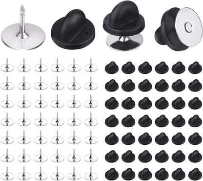 50 Pairs Pin Backings Tie Tacks Blank Pins with Rubber Backings Pinbacks for Crafts (Silver Black, 50 Sets)