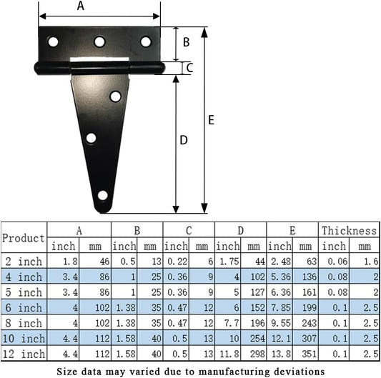 Heavy Duty T Hinge, 6 pcs, 2 Inch, Black, Powder Coated Metal Alloy