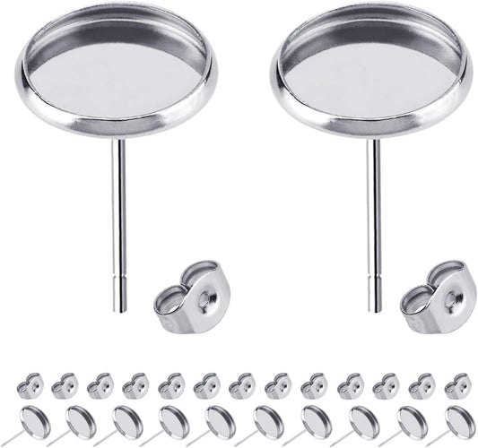 60pcs Blank Earring Studs 12mm Stainless Steel Cabochon Setting Post With Backs for Resin DIY Earstud Making