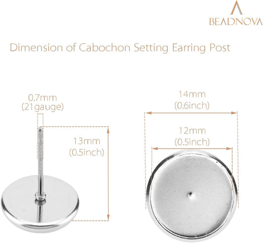 60pcs Blank Earring Studs 12mm Stainless Steel Cabochon Setting Post With Backs for Resin DIY Earstud Making