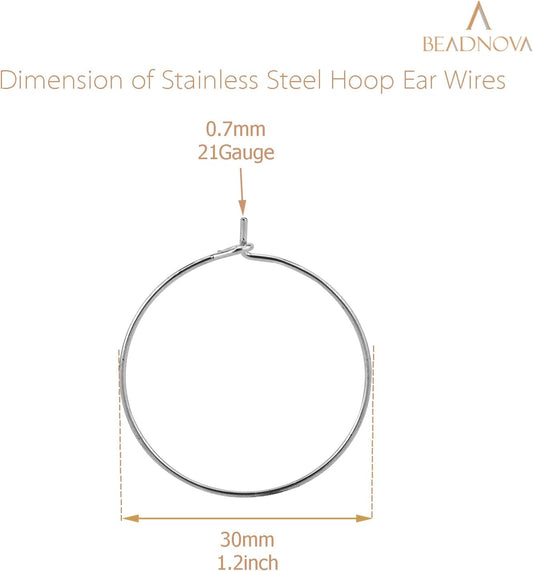 Hoop Ear Wires 30pcs Stainless Steel 30mm Wine Glass Charm Rings Earring Hoops for Jewelry Making Earring Making DIY