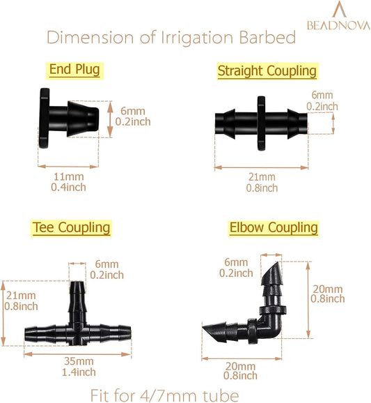 Drip Irrigation Parts 80 Pcs Mix 1/4 Inch Barbed Tee Elbow Straight Couplings End Plugs Fittings Drip Line Connectors for 1/4 Inch Irrigation Tubing Garden Watering System