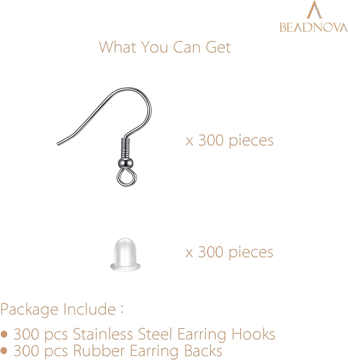 300pcs Stainless Steel Earring Hooks with Rubber Backs, Silver, Elegant, Polished, Hypoallergenic, DIY Ear Findings Supplies