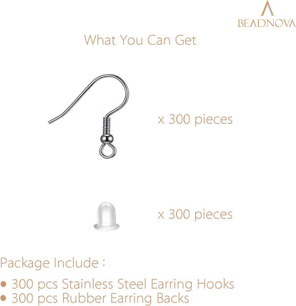 300pcs Stainless Steel Earring Hooks with Rubber Backs, Silver, Elegant, Polished, Hypoallergenic, DIY Ear Findings Supplies