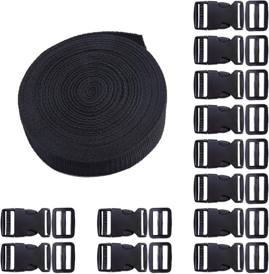 Plastic Buckle Kit Nylon Strap with Quick Release Buckle 12 Sets 1 Inch and Tri-Glide Slides with 11 Yards Nylon Strapping 1 Inch (Black)