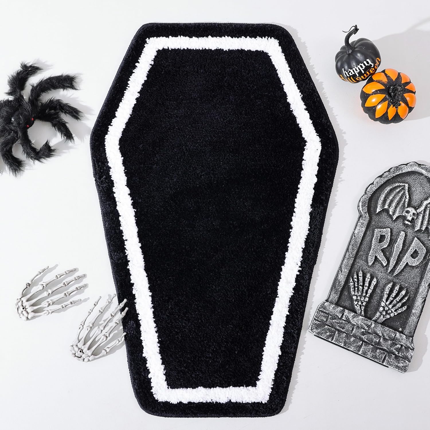 Halloween Decor Black Coffin Bath Mat for Bathroom, Cute Gothic Halloween Decoration Black Bathroom Rug Non Slip Cartoon Bath Rug Bathroom Mat Plush Shower Rugs Washable Black White.