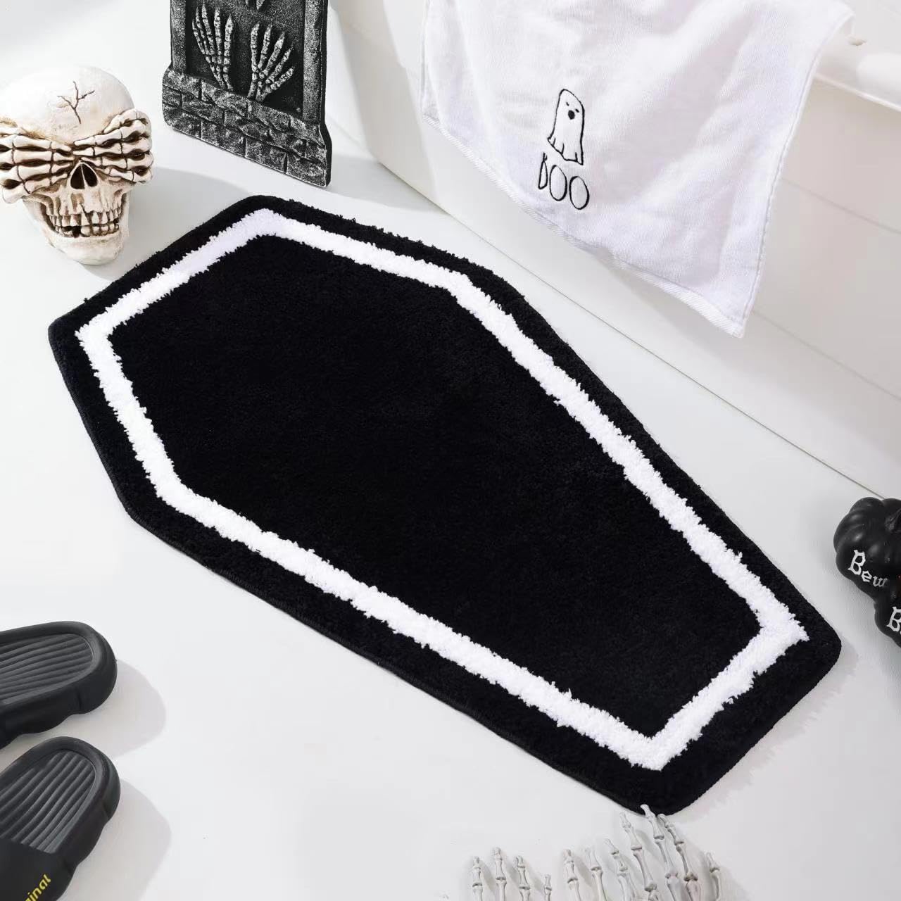 Halloween Decor Black Coffin Bath Mat for Bathroom, Cute Gothic Halloween Decoration Black Bathroom Rug Non Slip Cartoon Bath Rug Bathroom Mat Plush Shower Rugs Washable Black White.